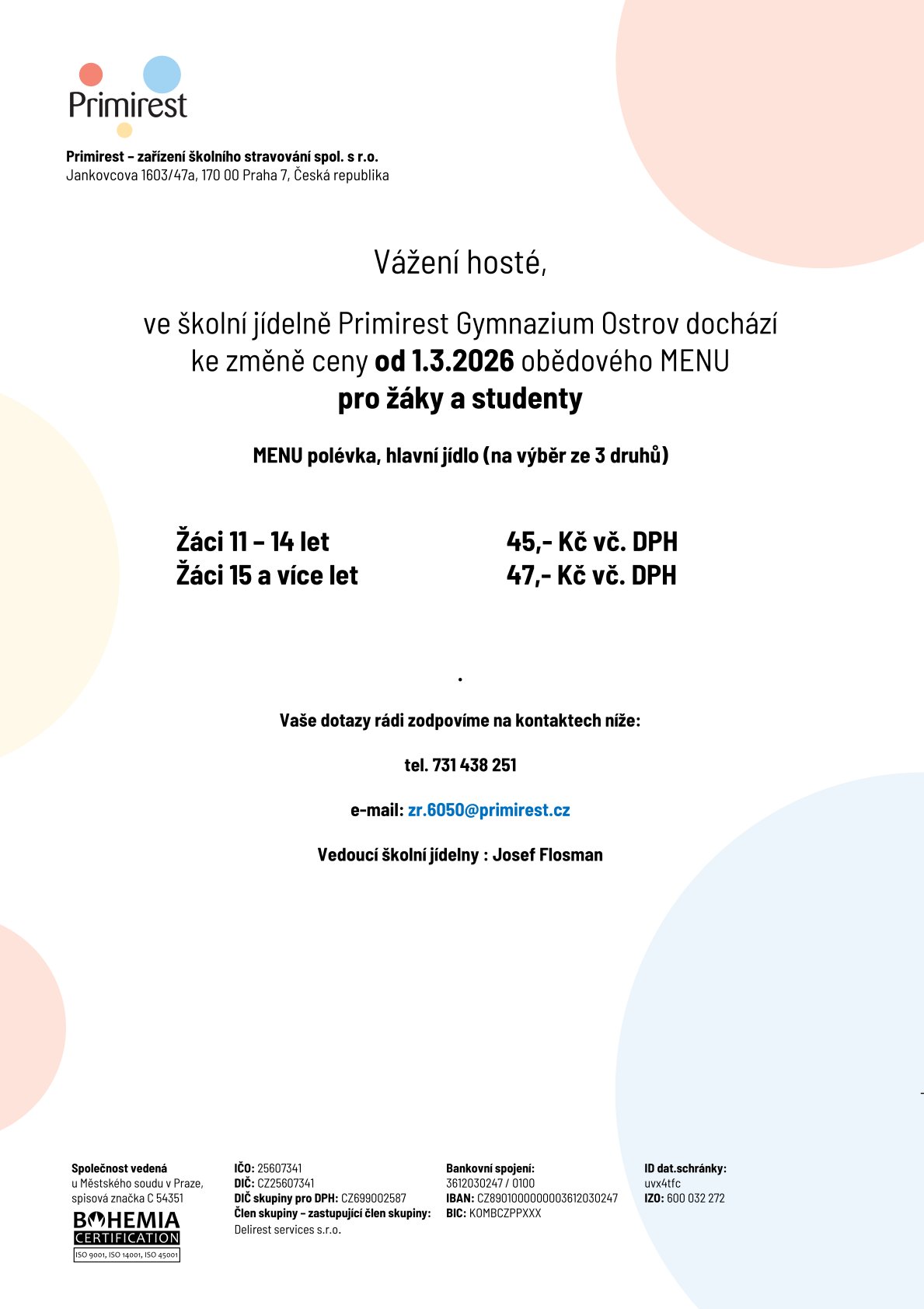 Zvýšení ceny oběda pro žáky od 1. 3. 2026