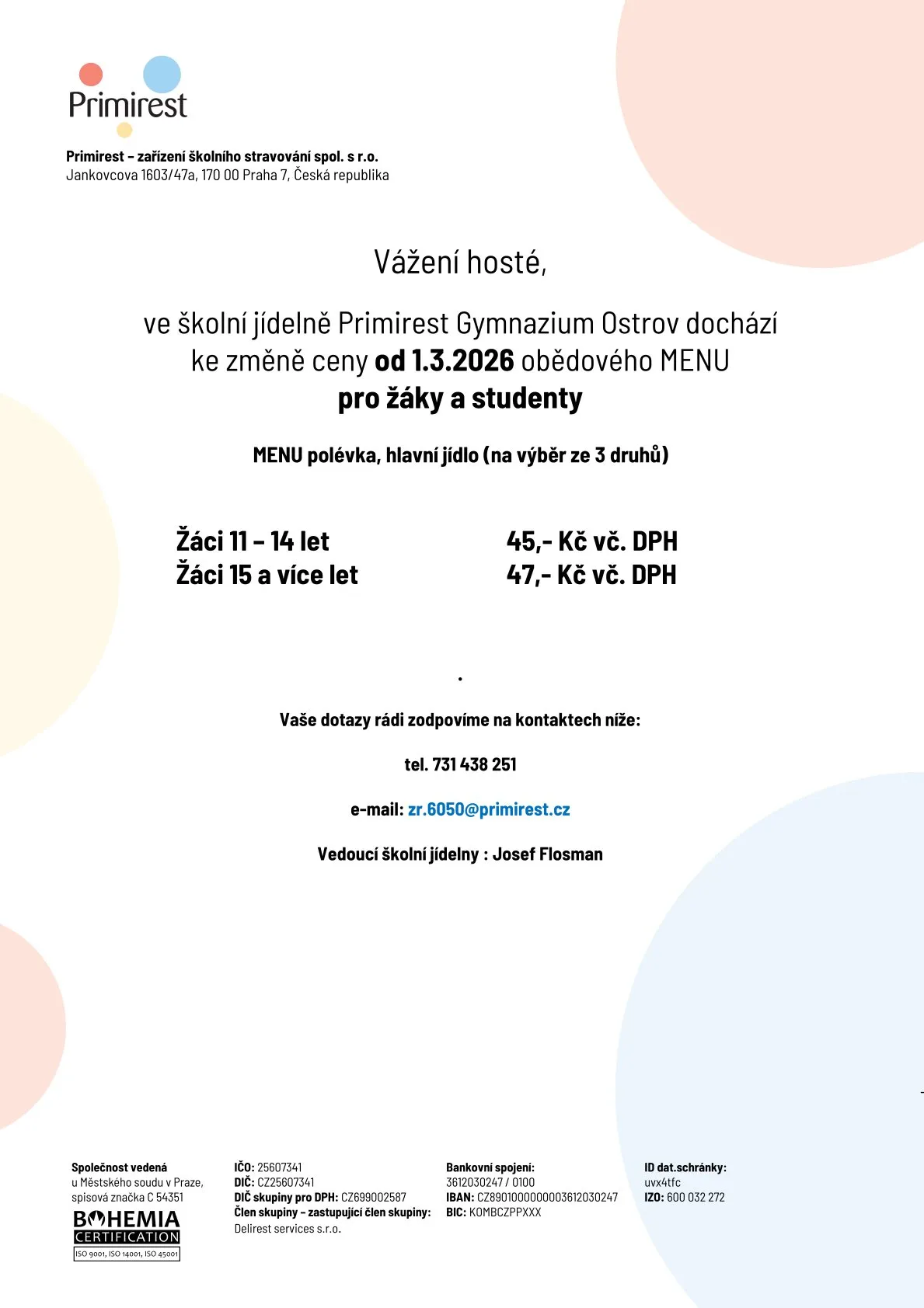 Zvýšení ceny oběda pro žáky od 1. 3. 2026